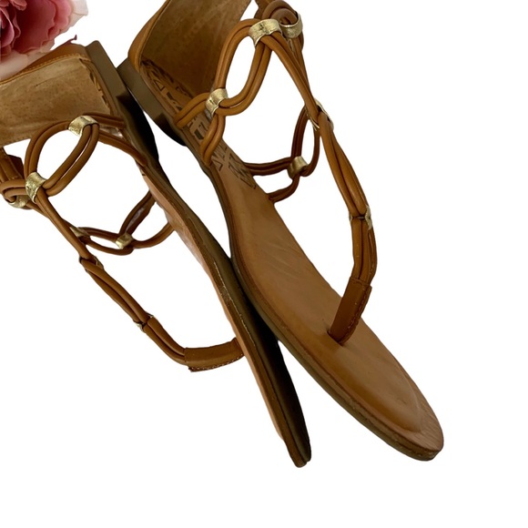 DOLCE VITA T-STRAP GOLD ACCENT CAMEL TAN LEATHER GLADIATOR SANDALS THONG SANDALS - Picture 4 of 14